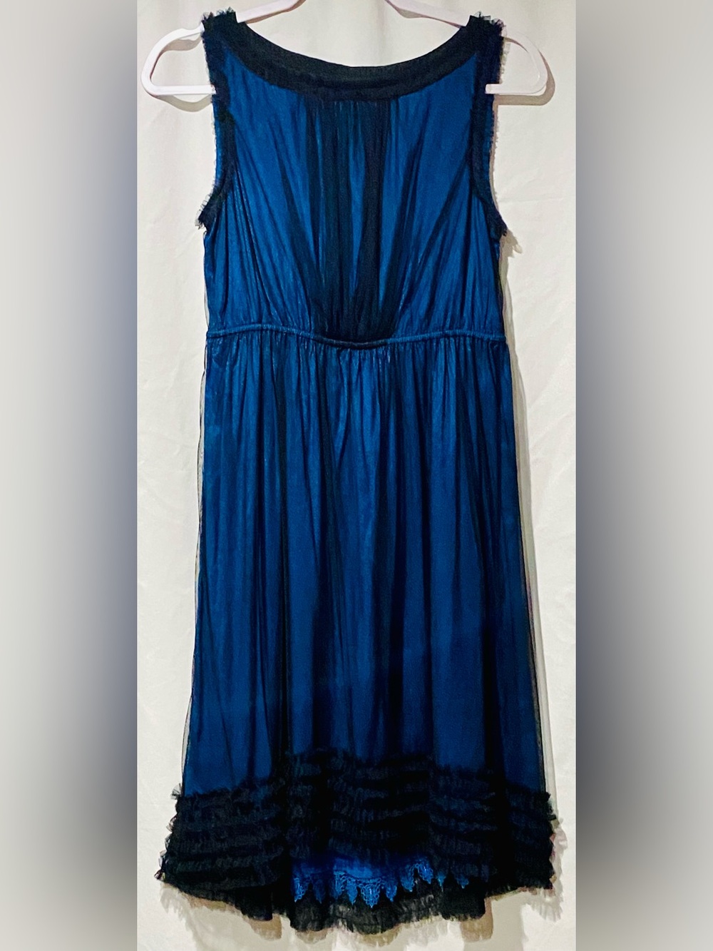 Moulinette Soeurs Anthropologie Sleeveless Blue Midi Dress with Black Lace Hem